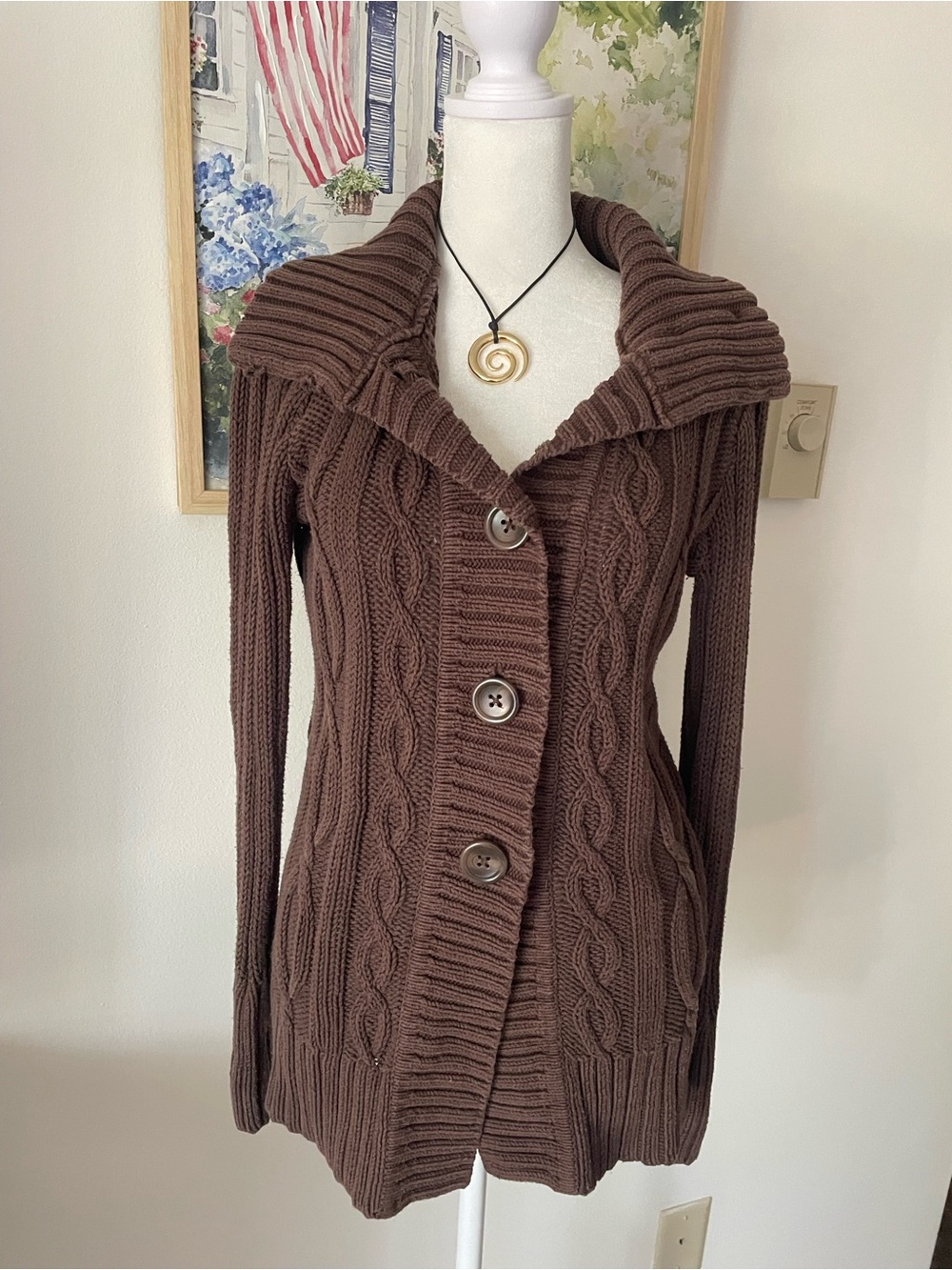 Gap Vintage Y2K Chunky Cable Knit Button Front Shawl Collar Cardigan Brown Small